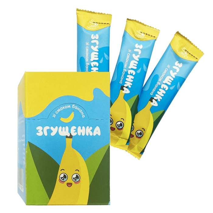 Згущенка зі смаком банана 22 г (шоубокс 25 шт, ящик 15 шт) ТМ Смакуйте